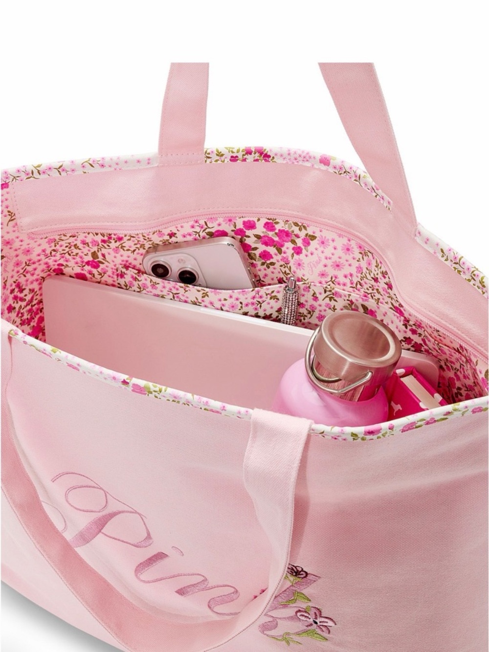 PINK Victoria's Secret Light Pink Floral Script Tote - Picture 2 of 2